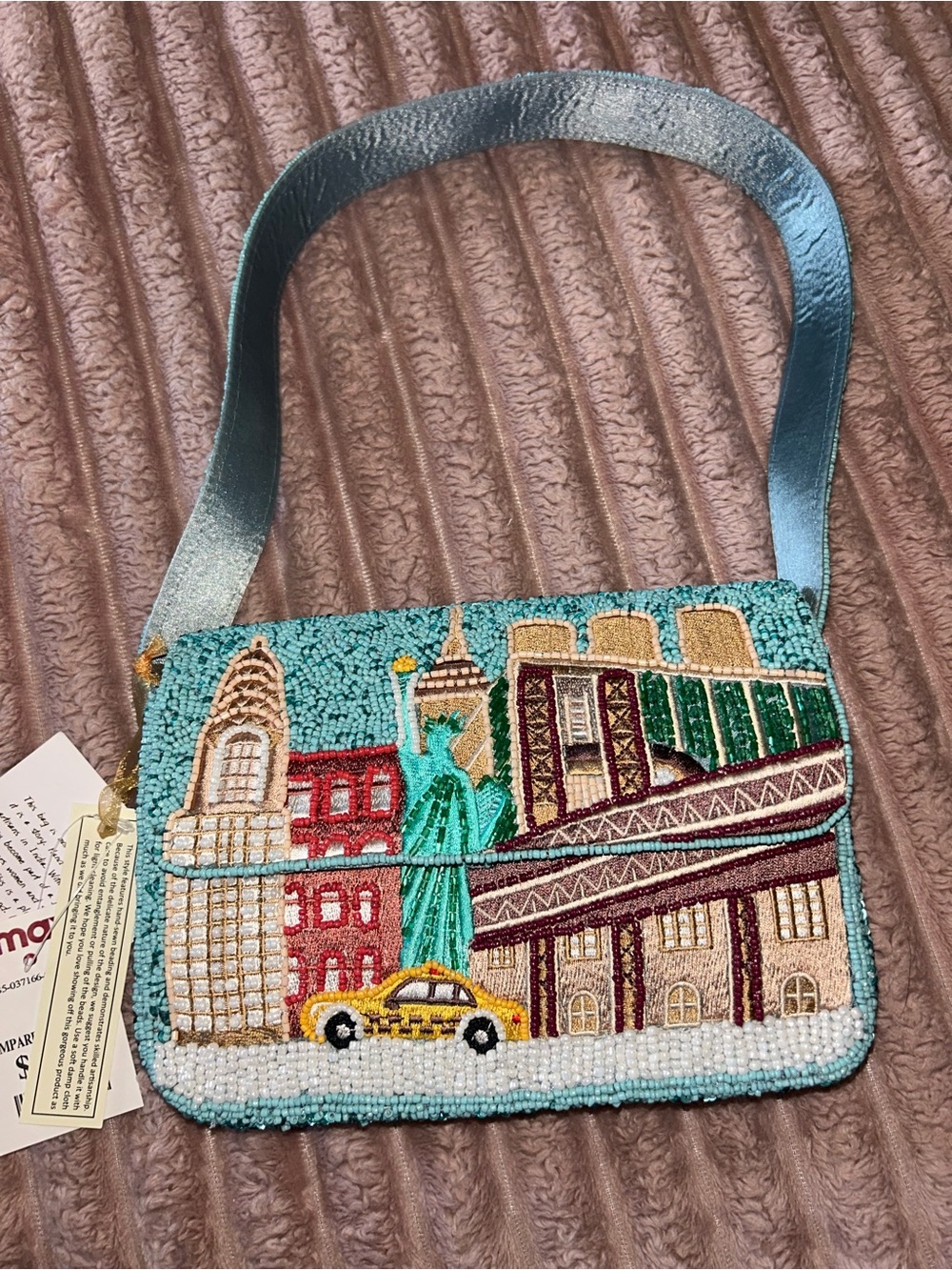 Beaded New York Cityscape Shoulder Bag with Teal Strap